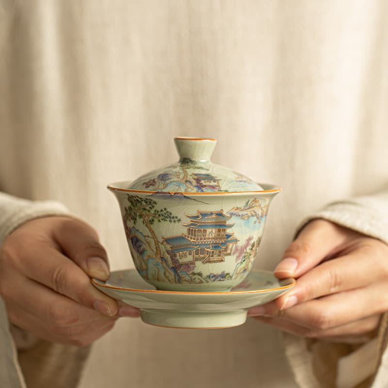 Ru ware three-piece covered bowl, landscape teapot, teacup